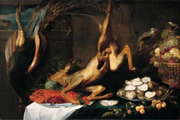 A Still Life Of A Peacock, A Roe Deer, A Lobster On A Oil Painting by Frans Snyders