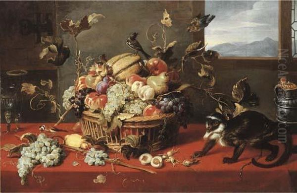 A Melon, Grapes, Apples, Pears, Peaches And Other Fruit In Abasket Oil Painting by Frans Snyders