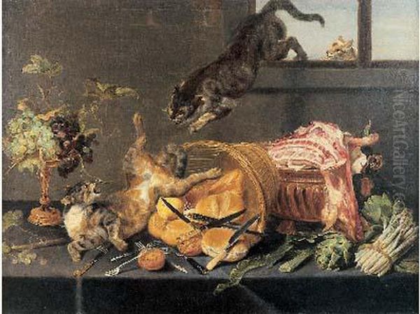 Chats Se Disputant Sur Une Table Garnie D'une Coupe De Fraises,
 Panier De Poires Et Pieces De Viande Oil Painting by Frans Snyders