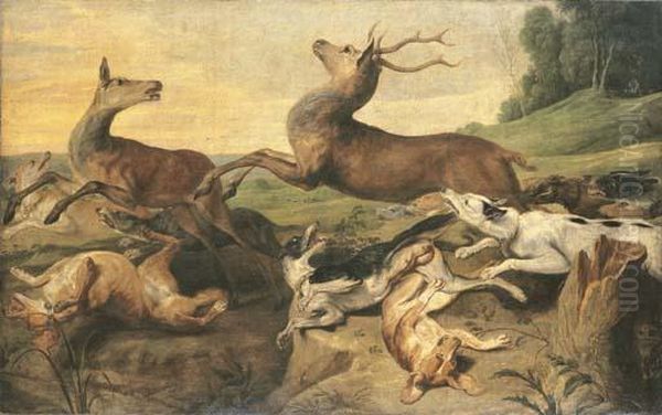 Dogs Hunting Deer In A Landscape Oil Painting by Frans Snyders