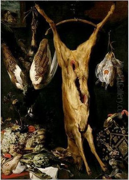 A Still Life Of Artichokes, 
Grapes And A Melon In A Basket, A Hung Peacock, Roe-buck And Grouse, 
Together With A Parrot And A Monkey, A Cat Jumping Through A Window 
Beyond Oil Painting by Frans Snyders