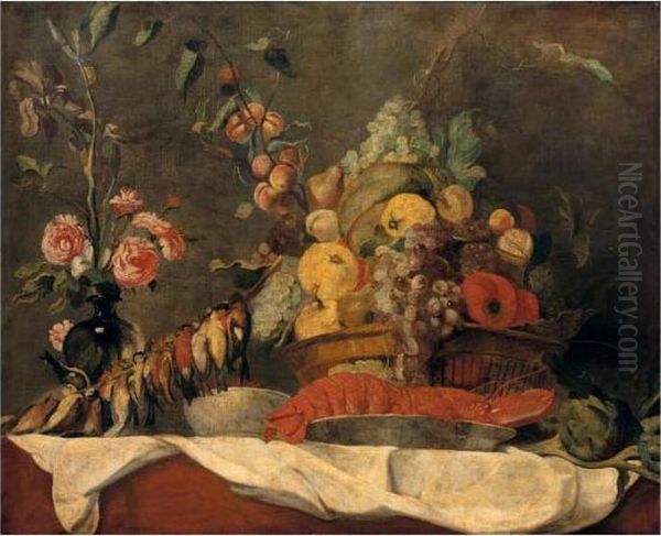 Still Life Of Fruit In A Wicker 
Basket, Together With A Lobster And Blue And White Porcelain Dish, Song 
Birds, Artichokes And A Vase Of Roses Oil Painting by Frans Snyders