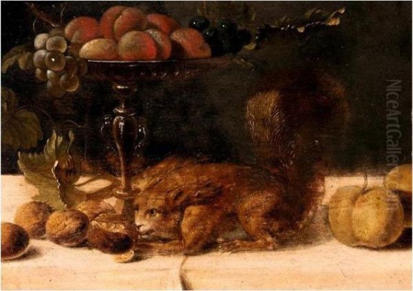 Still Life Of A Gilt Tazza With Peaches And Grapes, Together With A Squirrel And Walnuts Oil Painting by Frans Snyders