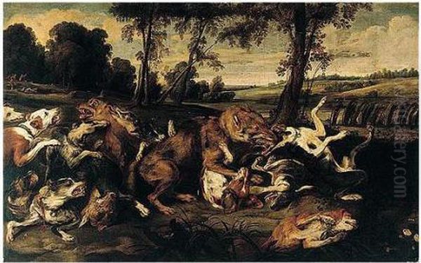 A River Landscape With Hounds Attacking Wolves, Huntsmen Emerging From A Wood Beyond Oil Painting by Frans Snyders