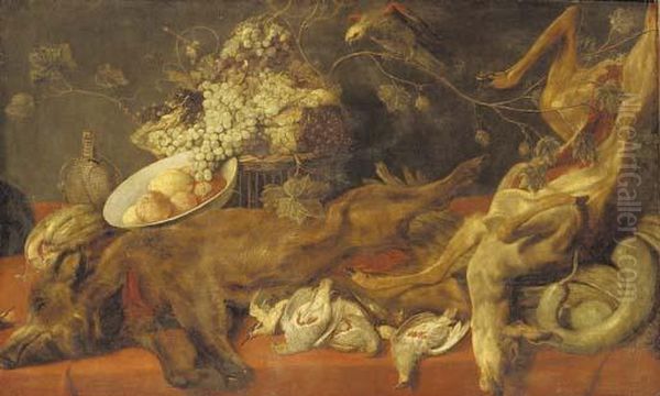 A Dead Boar, With Partridge, A 
Kingfisher And A Dead Deer On A Draped Table With A Melon, A Bowl With 
Apples And A Lemon, A Basket Of Grapes, And A Parakeet On A Vine Branch Oil Painting by Frans Snyders