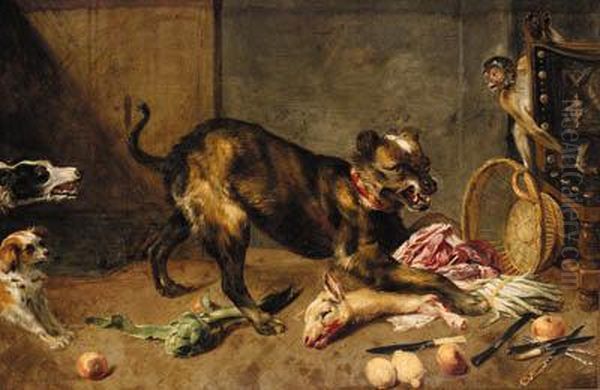 A Hound Guarding Animal Lights 
From Other Dogs With Lemons, Anartichoke, Asparagus And Cutlery And A 
Monkey In A Larder Oil Painting by Frans Snyders