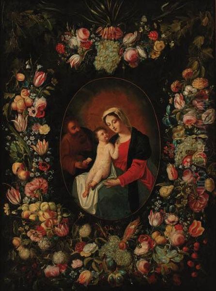 A Garland Of Flowers And Fruit 
Decorating A Medallion Of The Holyfamily, Holding An Apple And 
Forget-me-nots Oil Painting by Frans Snyders