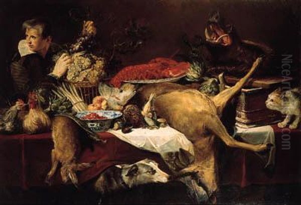 Chickens, A Dead Hare, 
Artichokes, A Bunch Of Asparagus, A Melon,oranges, Dead Game, 
Frais-de-bois In A Klapmuts, A Lobster On Aporcelain Dish, A Dead 
Roebuck, And A Boar's Head On A Copper Panon A Draped Table, A Cat And A
 Dog Nearby, With A Page Oil Painting by Frans Snyders