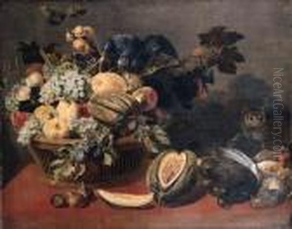 A Parrot Perched On A Basket Of 
Fruit, With A Melon, Figs And A Catwatching Dead Partridges And Black 
Grouse On A Table Oil Painting by Frans Snyders