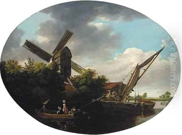 A river landscape, with a windmill and figures in a boat in the foreground Oil Painting by English School