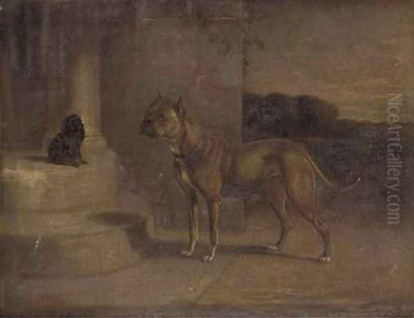 A Staffordshire bull terrier with a spaniel on a step Oil Painting by English School