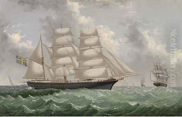 A Swedish three-masted barque in two positions Oil Painting by English School