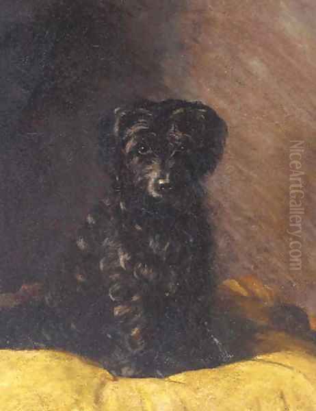 A terrier on a cushion Oil Painting by English School