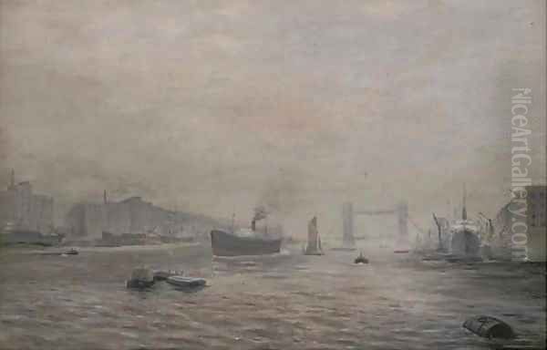 A view down the Thames, with Tower Bridge beyond Oil Painting by English School