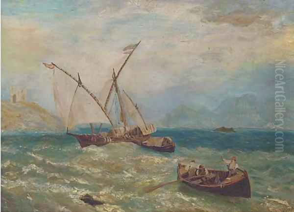 A xebec arriving at a Mediterranean port Oil Painting by English School