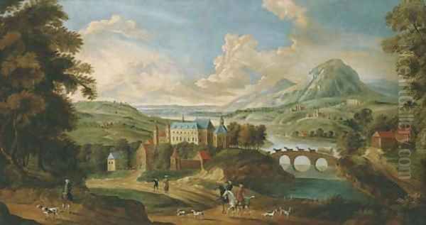 An extensive mountainous river landscape with a castle by a bridge, huntsmen and hounds in the foreground Oil Painting by English School