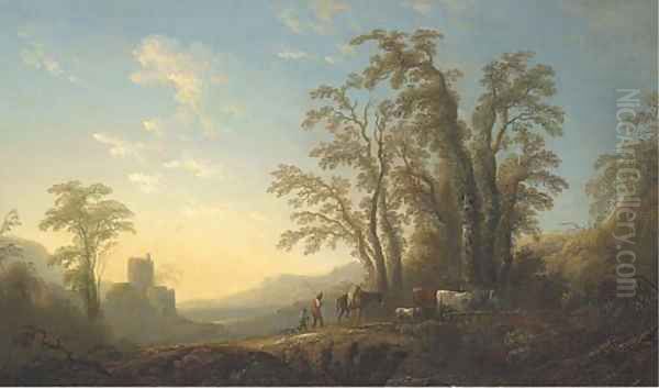 An extensive wooded landscape with cowherds and cattle on a path by the ruins of a castle Oil Painting by English School