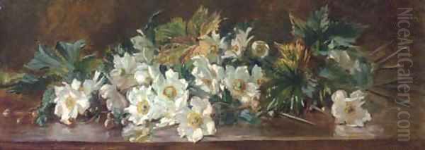 Anemones on a ledge Oil Painting by English School