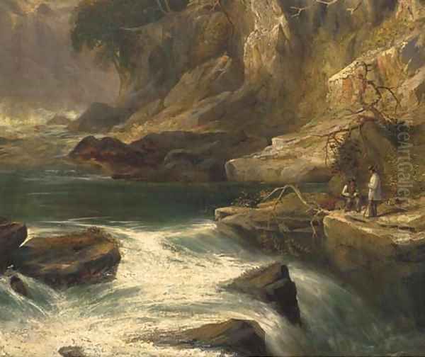 Anglers in a rocky gorge Oil Painting by English School