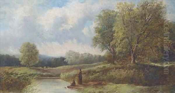 Anglers on the banks of a river Oil Painting by English School