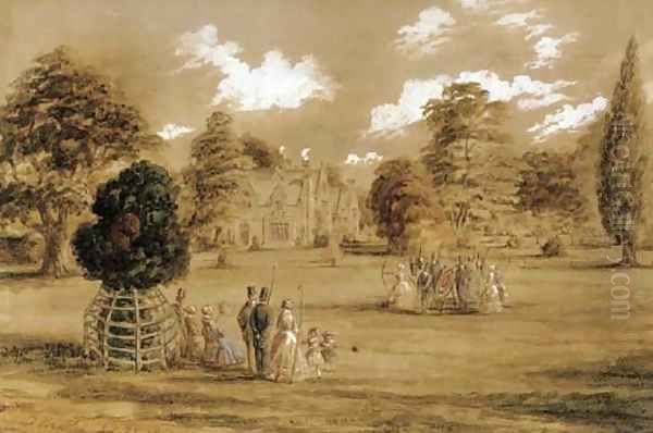 Archery in the grounds of a country house Oil Painting by English School