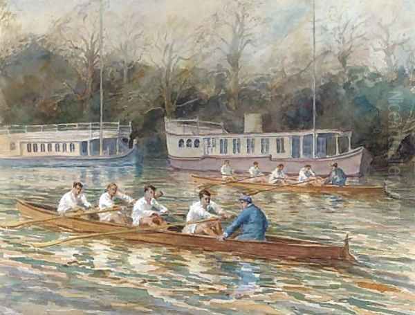 Balliol College Four rowing past houseboats Oil Painting by English School