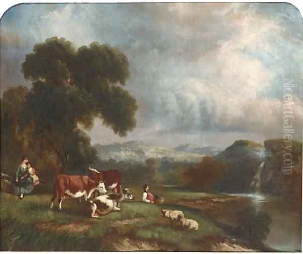 Cattle watering in a wooded landscape; and Figures resting by a waterfall with cattle and sheep Oil Painting by English School