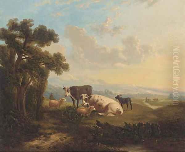 Cattle, sheep and a goat on a hill side Oil Painting by English School