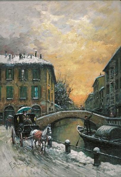 Neve Lungo Il Naviglio, Milano Oil Painting by Giuseppe Solenghi