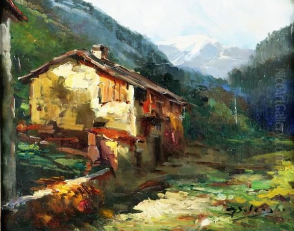 Paesaggio Con Casolare E Fiume Oil Painting by Giuseppe Solenghi