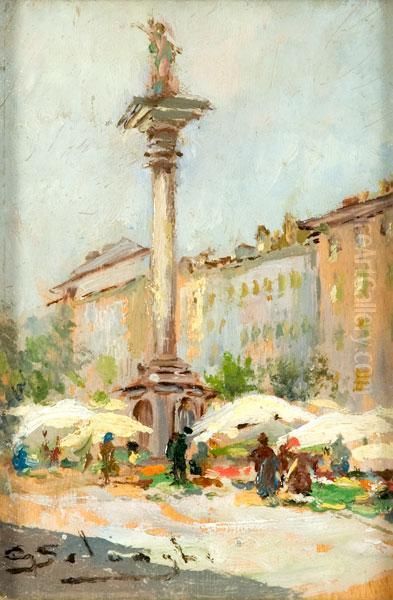 Piazza A Milano Con Mercato Oil Painting by Giuseppe Solenghi