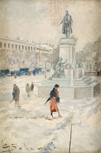 Piazza Innevata Con Figura Oil Painting by Giuseppe Solenghi