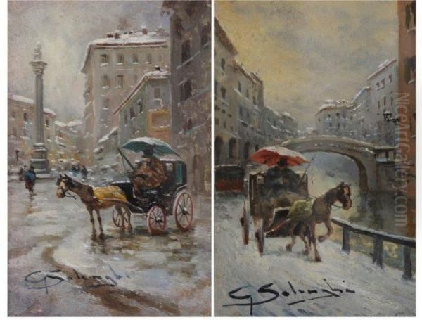 Caleches En Ville Sous La Neige Oil Painting by Giuseppe Solenghi