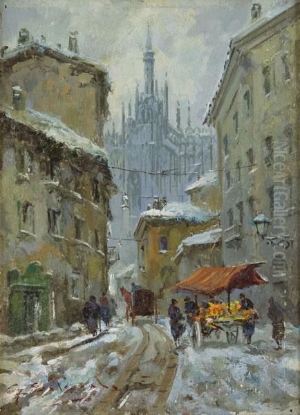 Scorcio Con Veduta Del Duomo Di Milano Oil Painting by Giuseppe Solenghi