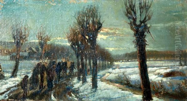 Viandanti In Unpaesaggio Innevato Oil Painting by Giuseppe Solenghi