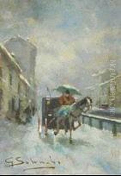 Carrozzella Sotto La Neve Ai Navigli Oil Painting by Giuseppe Solenghi