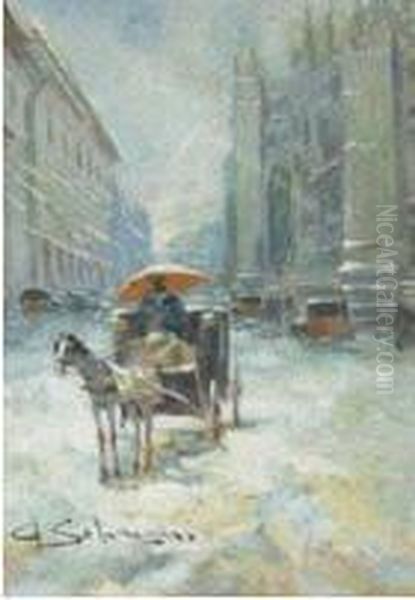 Carrozzella Sotto La Neve In Piazza Duomo A Milano Oil Painting by Giuseppe Solenghi