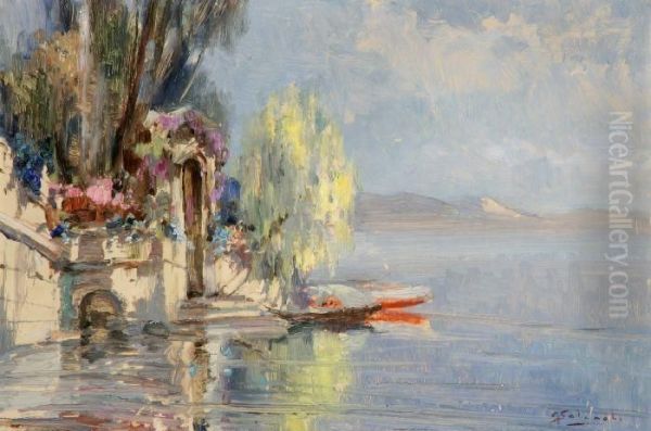 L'approdo Fiorito Sul Lago Oil Painting by Giuseppe Solenghi