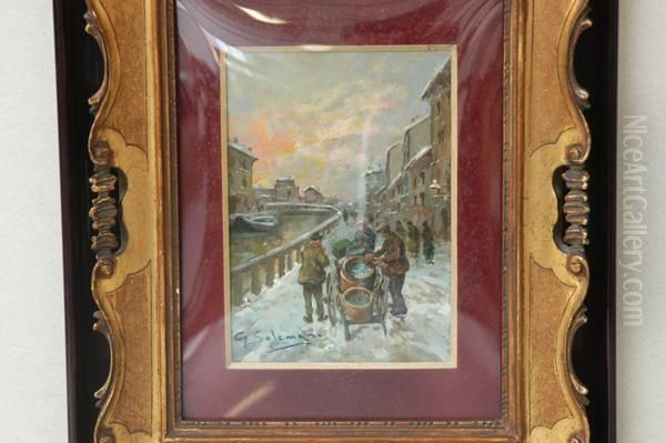 Naviglio Innevato Oil Painting by Giuseppe Solenghi