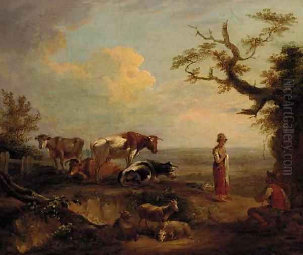 Figures and livestock resting in a landscape Oil Painting by English School