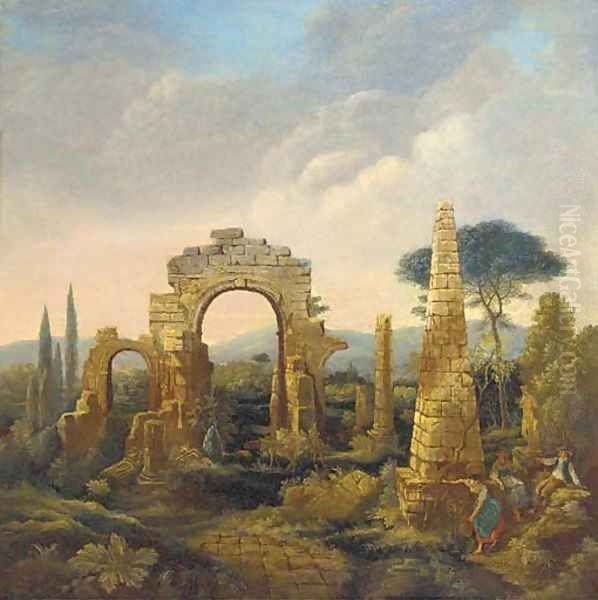 Figures before a classical ruin Oil Painting by English School