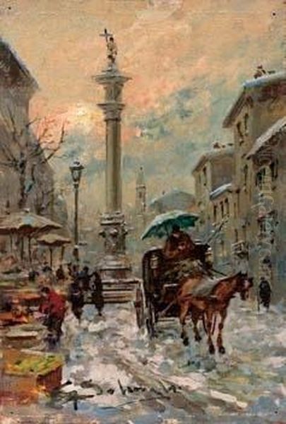 Vecchia Milano Sotto La Neve Oil Painting by Giuseppe Solenghi