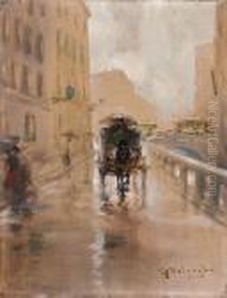 Milano, La Carrozza Lungo Il Naviglio Oil Painting by Giuseppe Solenghi