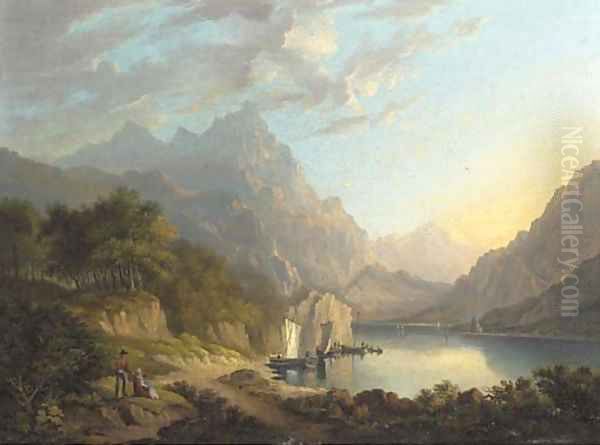 Figures before a mooring at an Alpine lake Oil Painting by English School