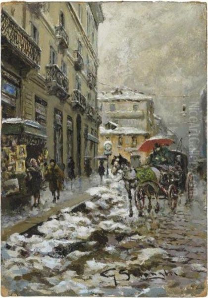 Carrozza Sotto La Neve Oil Painting by Giuseppe Solenghi