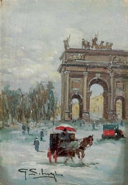 Milano Arco Della Pace, Carrozzelle Sotto La Neve Oil Painting by Giuseppe Solenghi