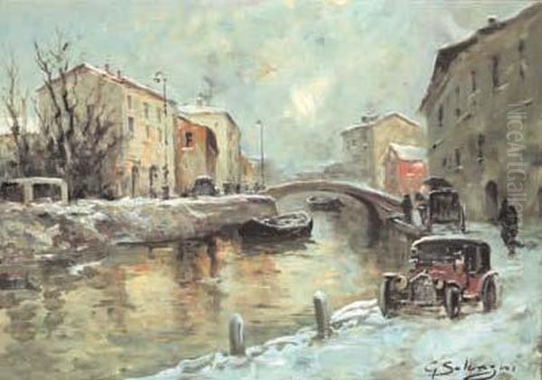 Neve Sul Naviglio Oil Painting by Giuseppe Solenghi