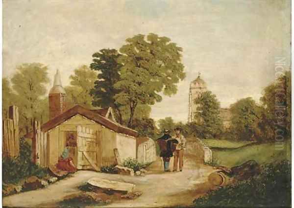 Figures by a bridge, a church beyond Oil Painting by English School