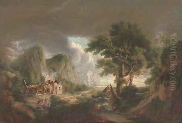 Figures by a burning cottage Oil Painting by English School