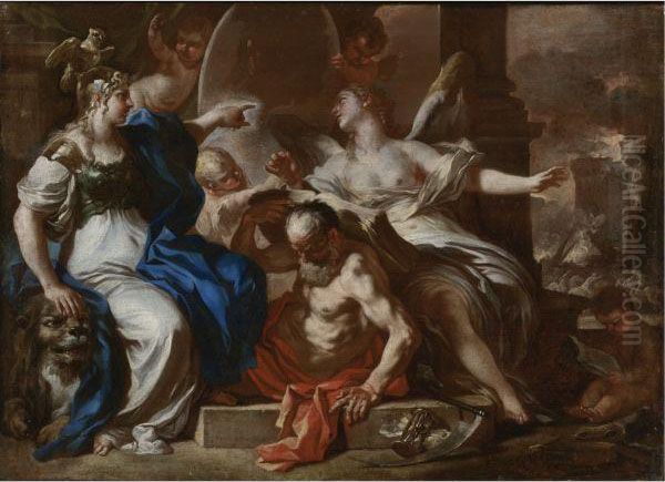 Minerva With Chronos And 
History: A Study For An Allegory Of Thereign Of The Hapsburgs In Naples Oil Painting by Francesco Solimena